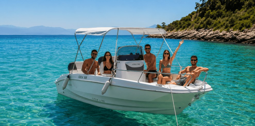 Boat for rent in Sarande with five happy tourists enjoying a private boat trip in crystal clear water