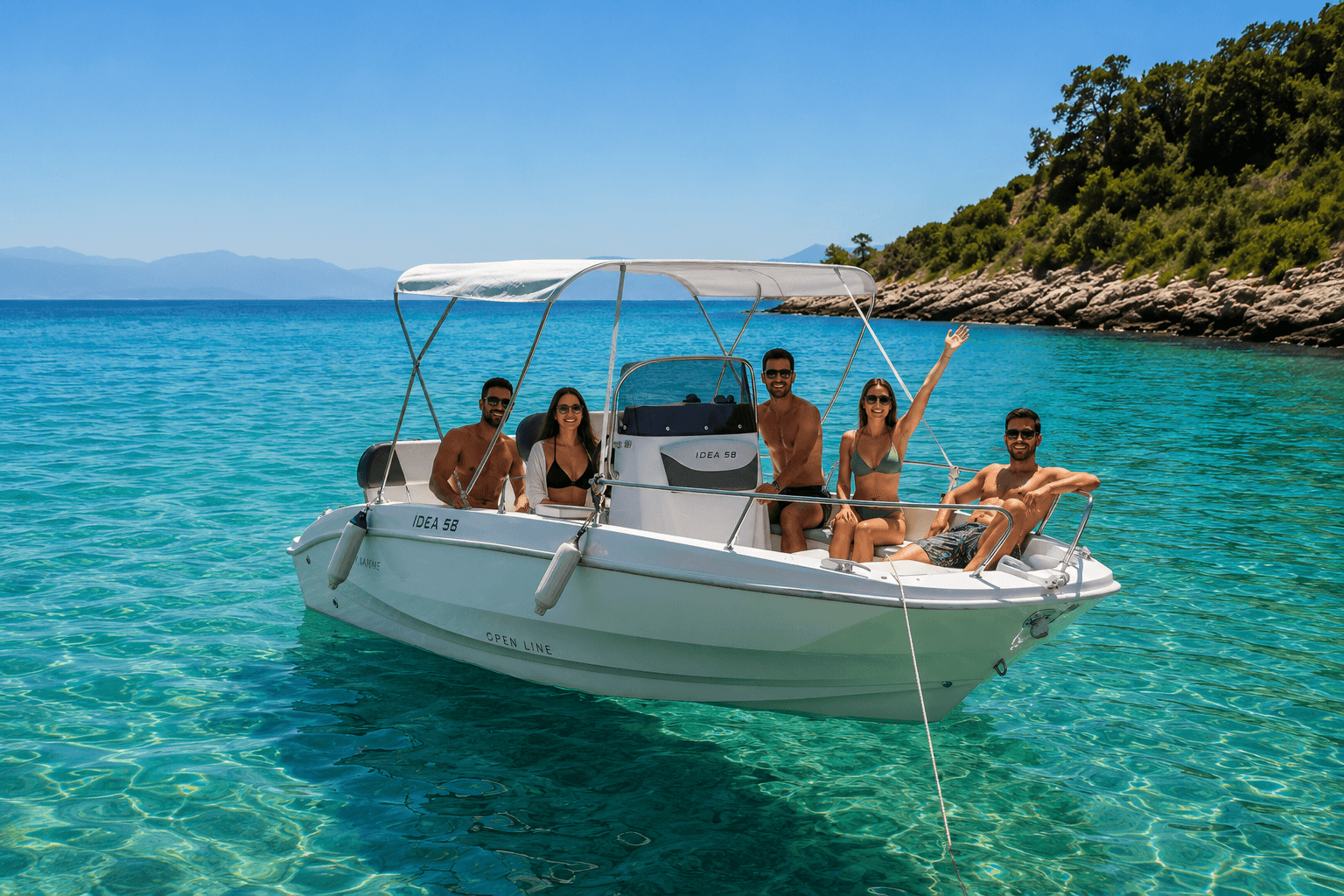 Boat for rent in Sarande with five happy tourists enjoying a private boat trip in crystal clear water