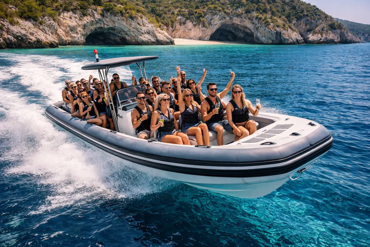 Group speedboat tour exploring hidden beaches of the Albanian Riviera