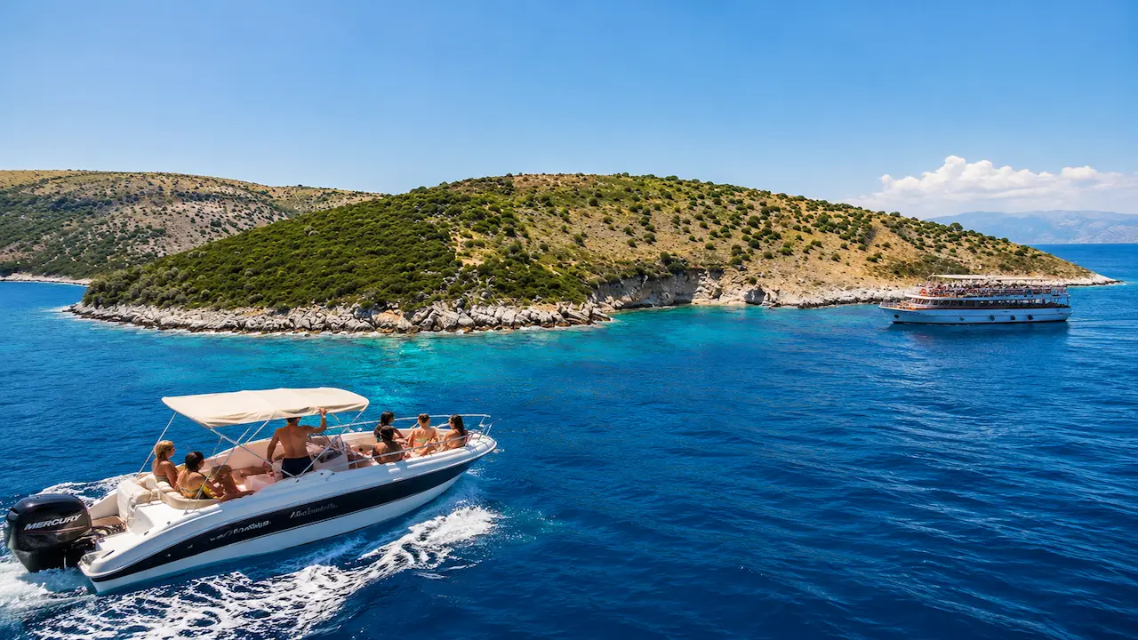 Boat trip in Sarande visiting Cape of Qefal with speedboats and crystal-clear waters