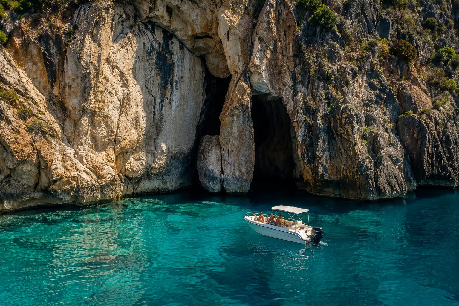 Boat trip in Himare visiting Pirate Cave with speedboat on crystal-clear water
