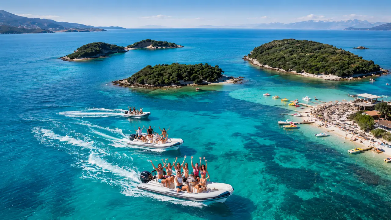 Boat trip Sarande exploring the Ksamil Islands with speedboats and crystal-clear turquoise water
