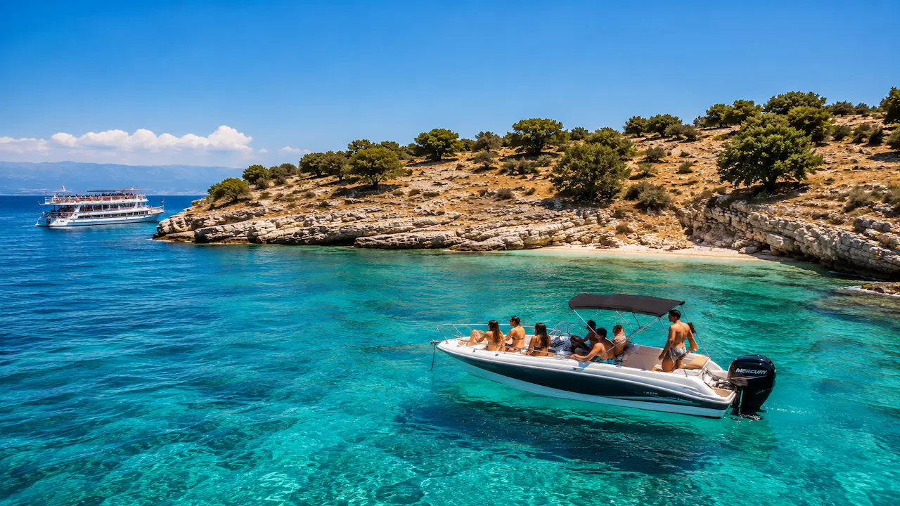 Boat trip in Sarande visiting Soldier Beach with a speedboat and crystal-clear turquoise waters