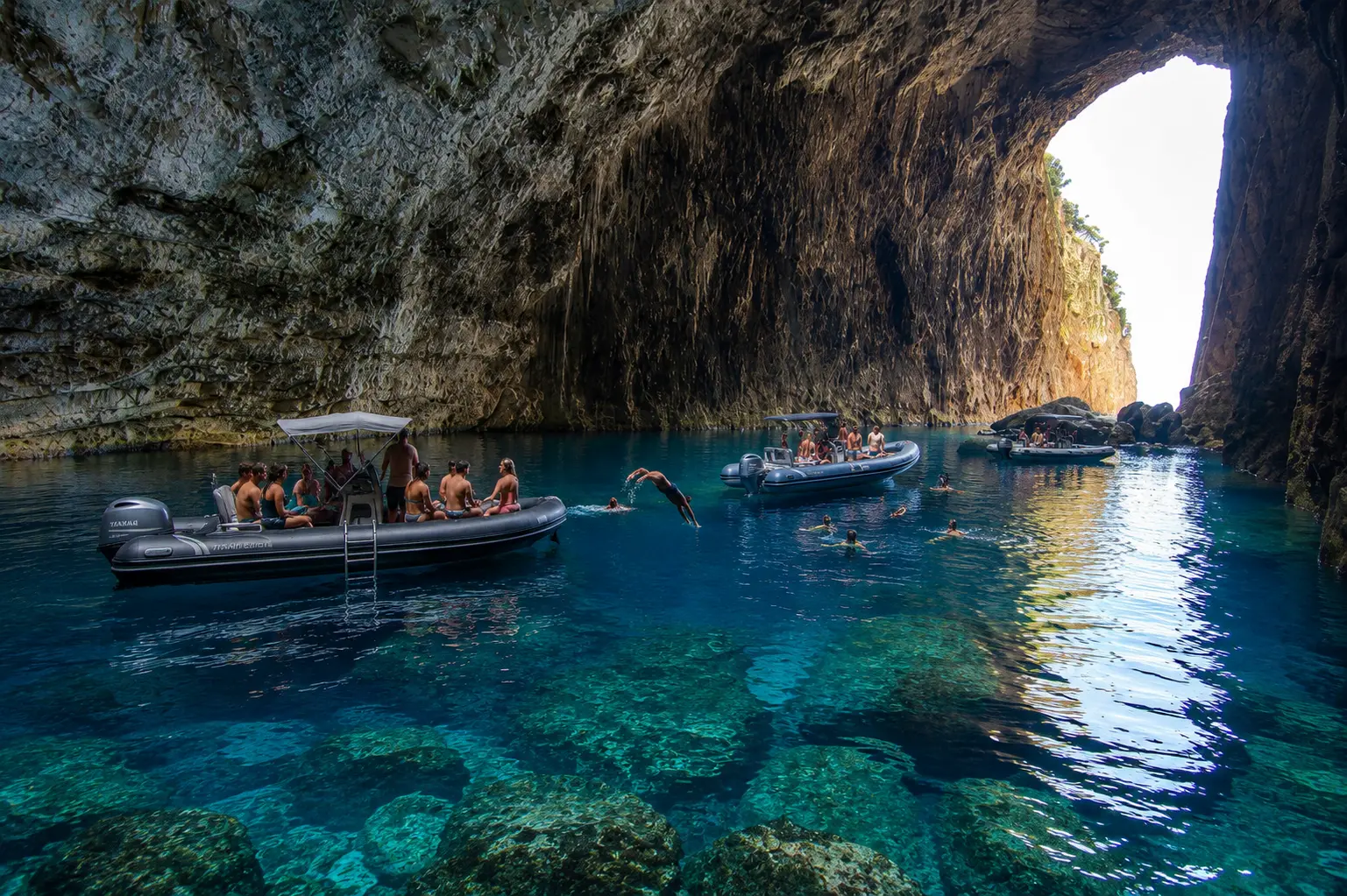 Tourists enjoying a boat trip inside Haxhi Ali Cave in Vlore with crystal-clear water, RHIB boats and swimming activities.
